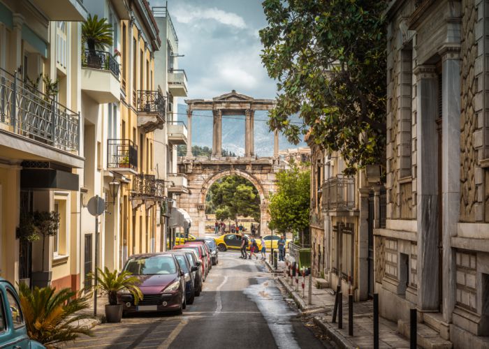 Athens street overlookin hadrian arch